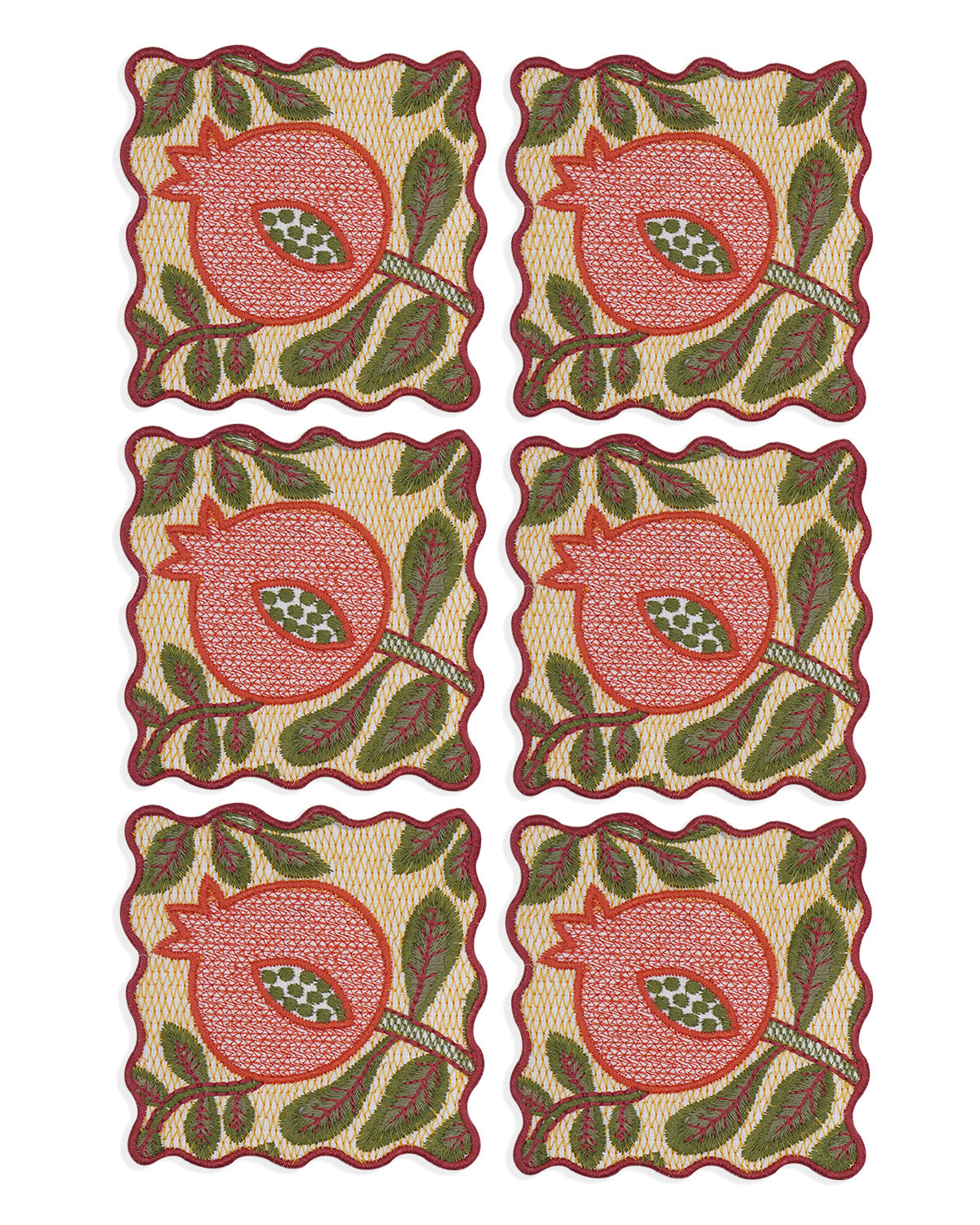 Ayna Yellow Pomegranate Embroidered Tea Coaster - 4"x4"