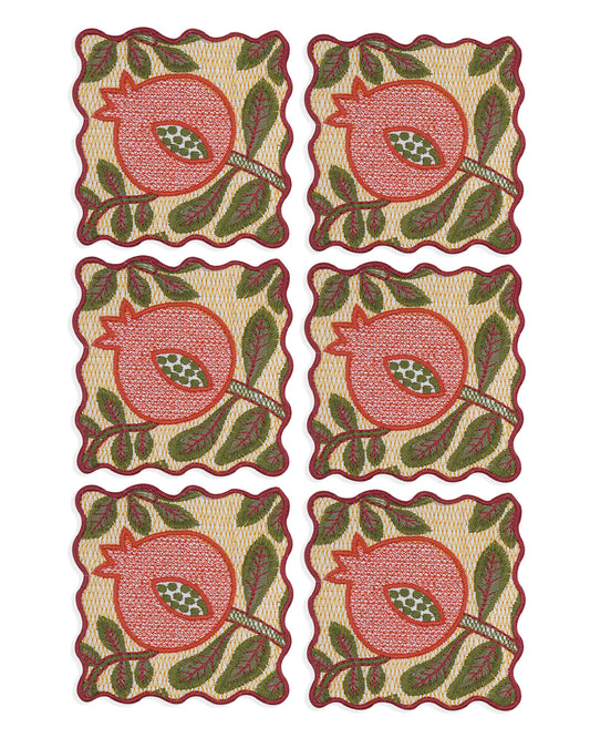 Ayna Yellow Pomegranate Embroidered Tea Coaster - 4"x4"