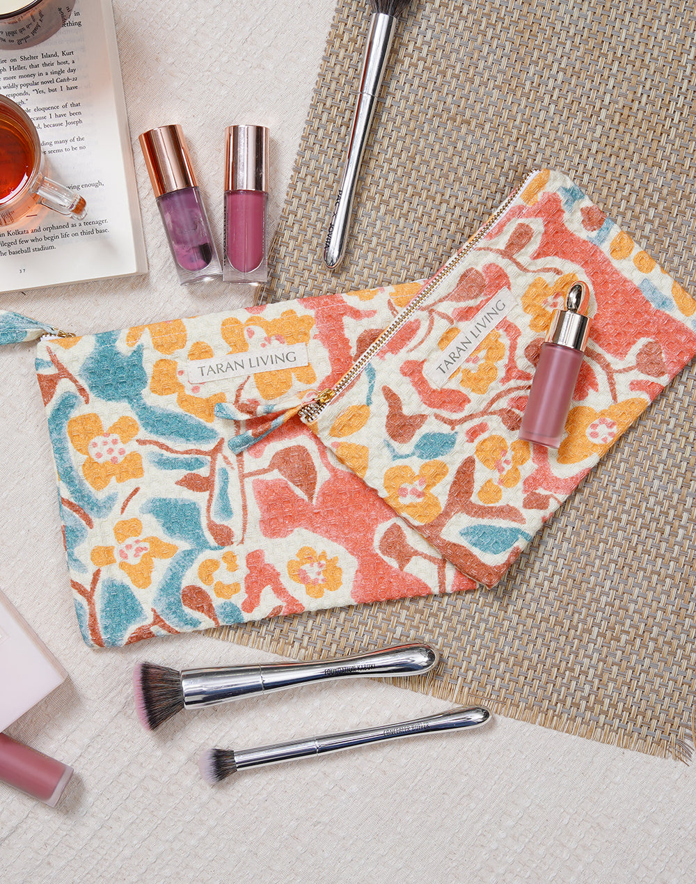 Flower charm waffle pouch with water proof lining