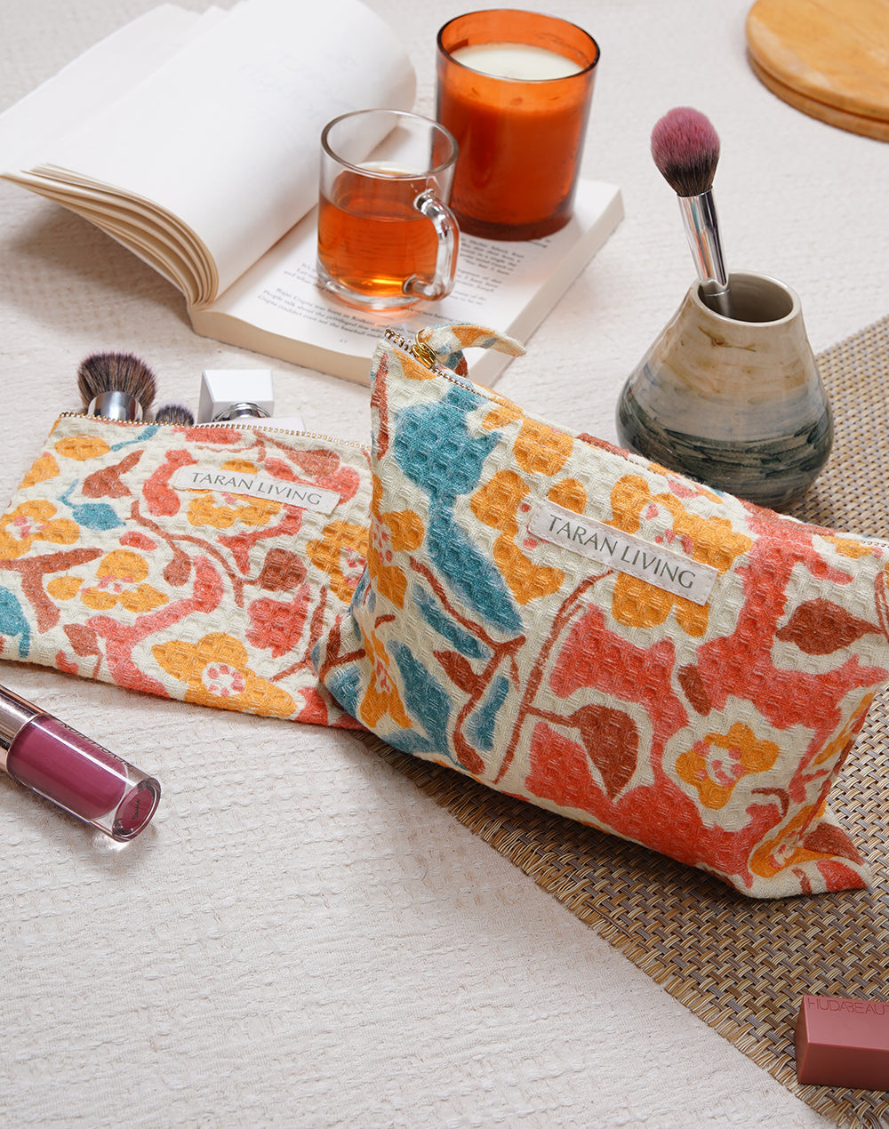 Flower charm waffle pouch with water proof lining