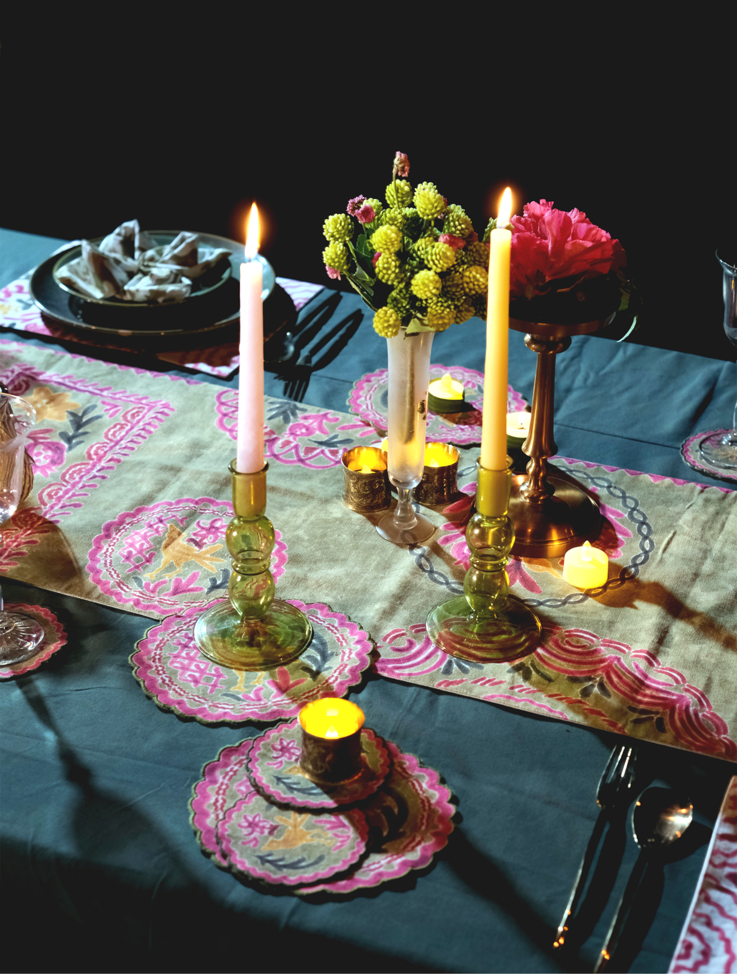 Ayna Green Printed Table Runner - 14"X72"