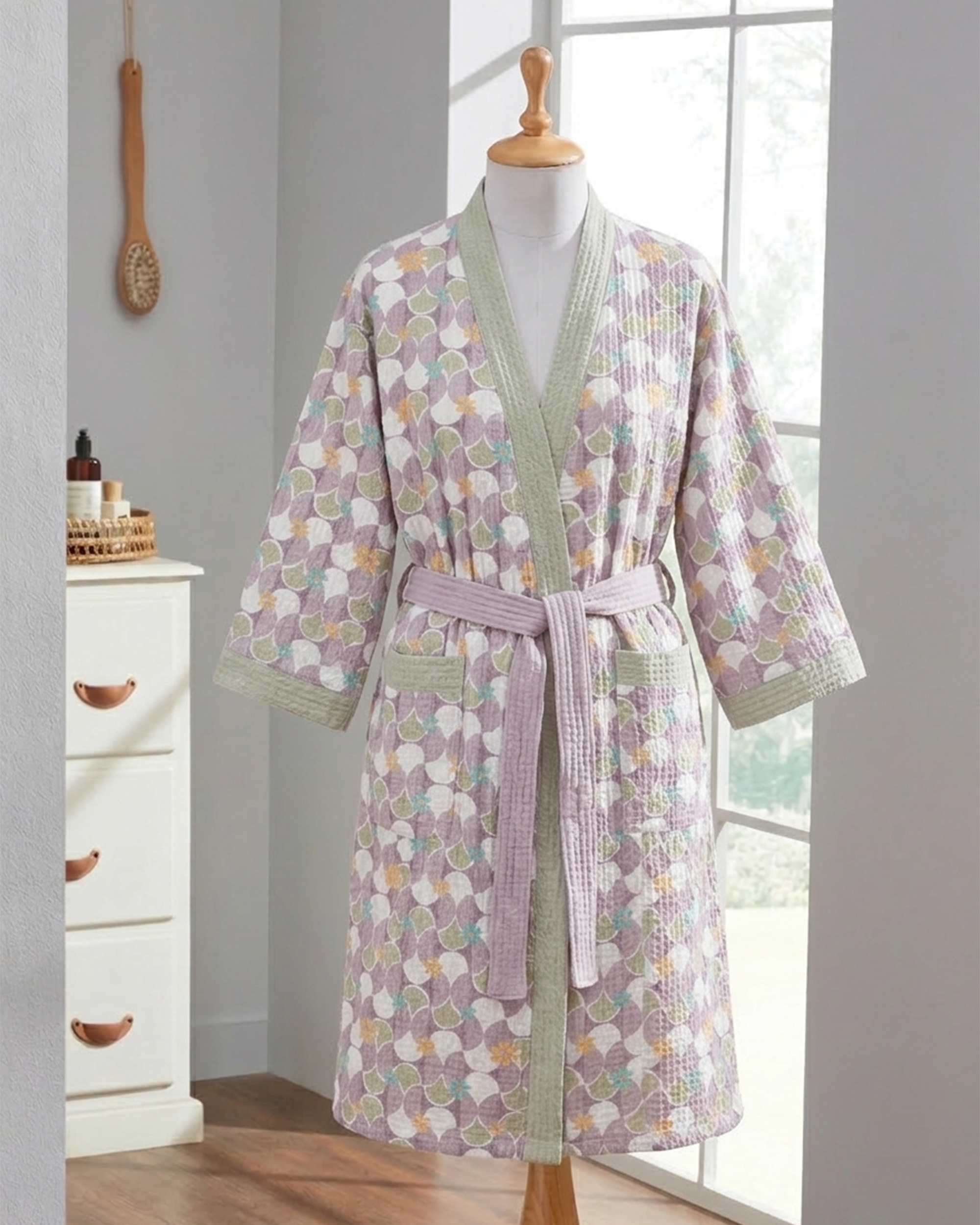 Mosiac Purple Cotton Waffle Bathrobe