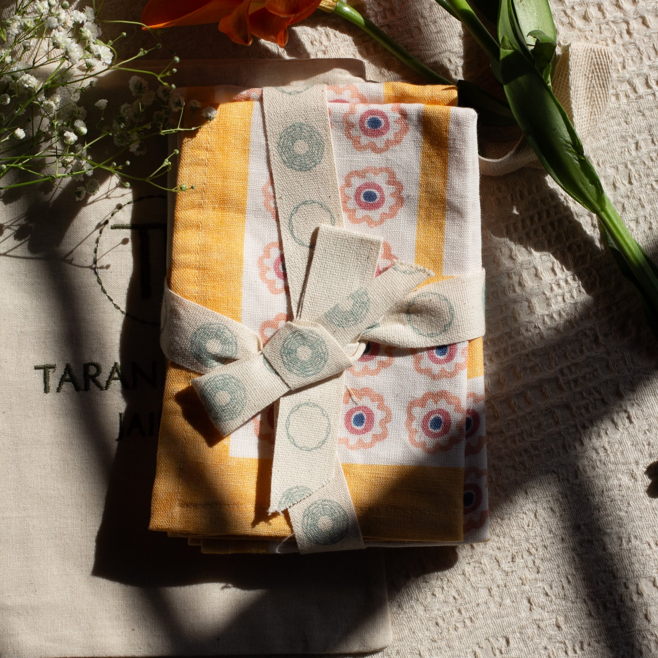 Raahat Yellow Flower Cotton Napkin | Set of 2