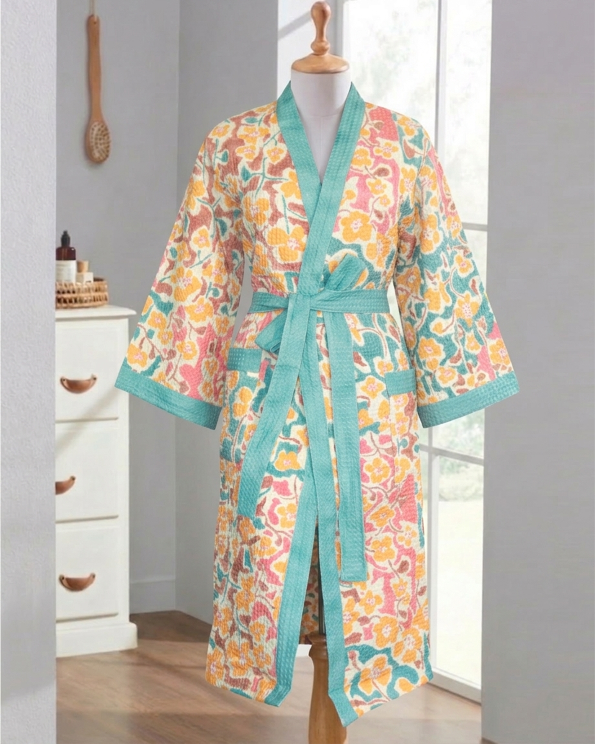 Flower Charm Cotton Waffle Bathrobe - detail shot