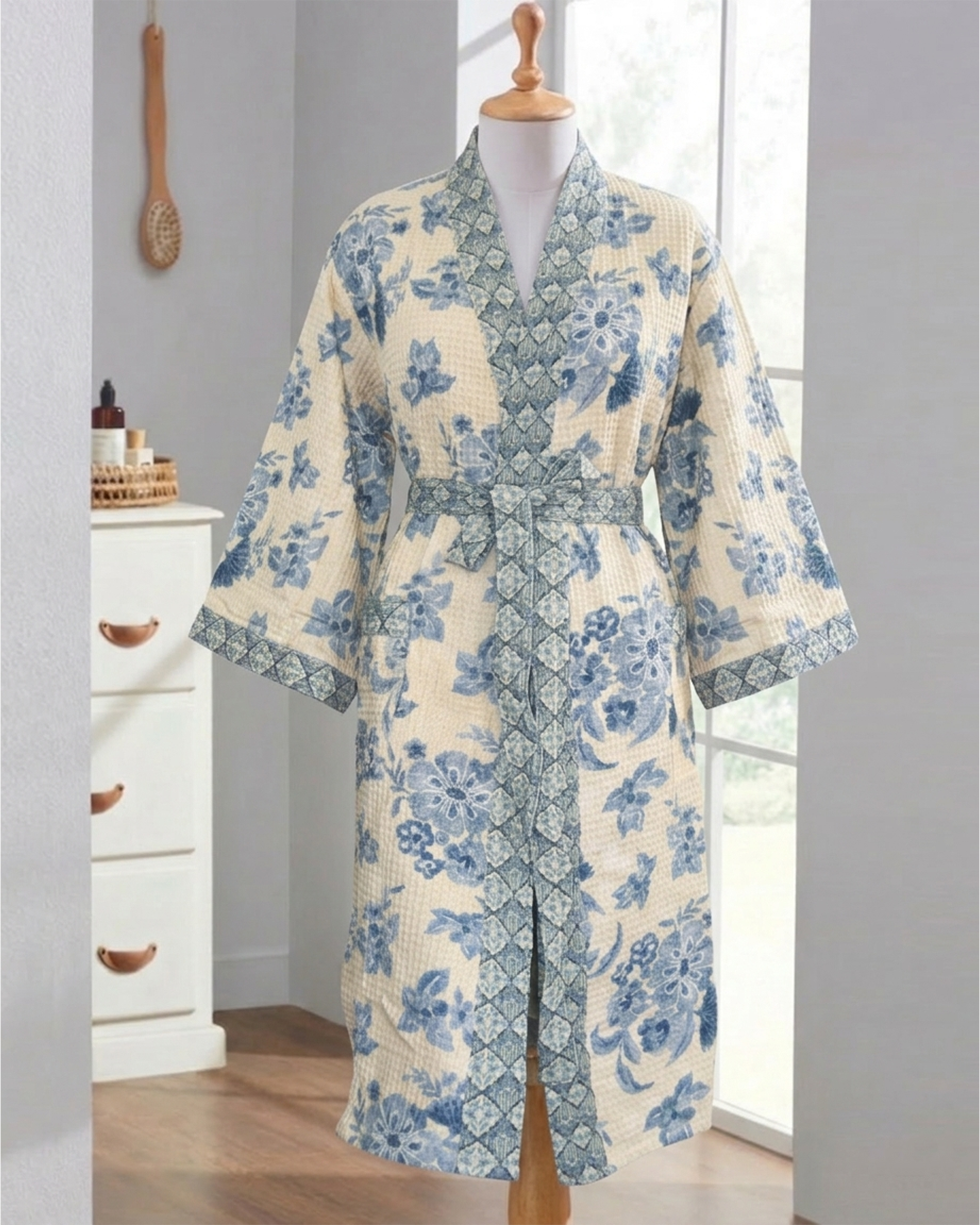 Mimo Blue Cotton Waffle Bathrobe
