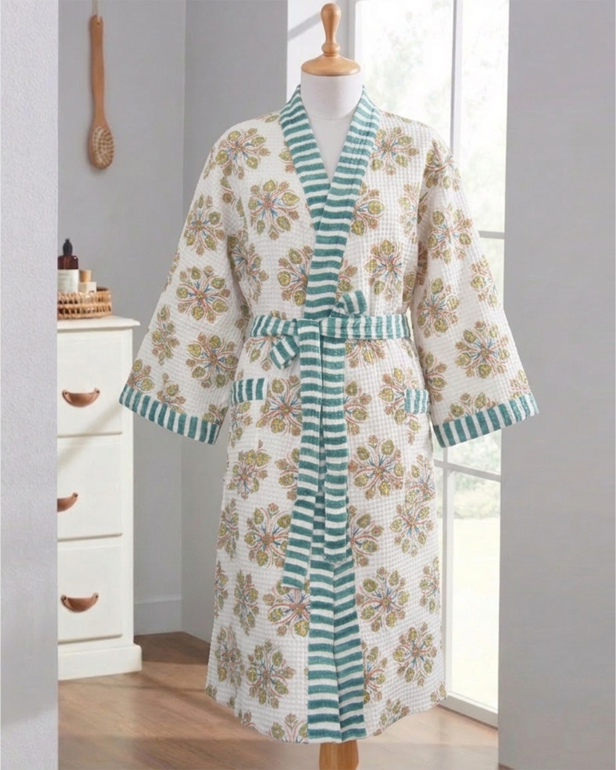Khwaab Green Cotton Waffle Bathrobe