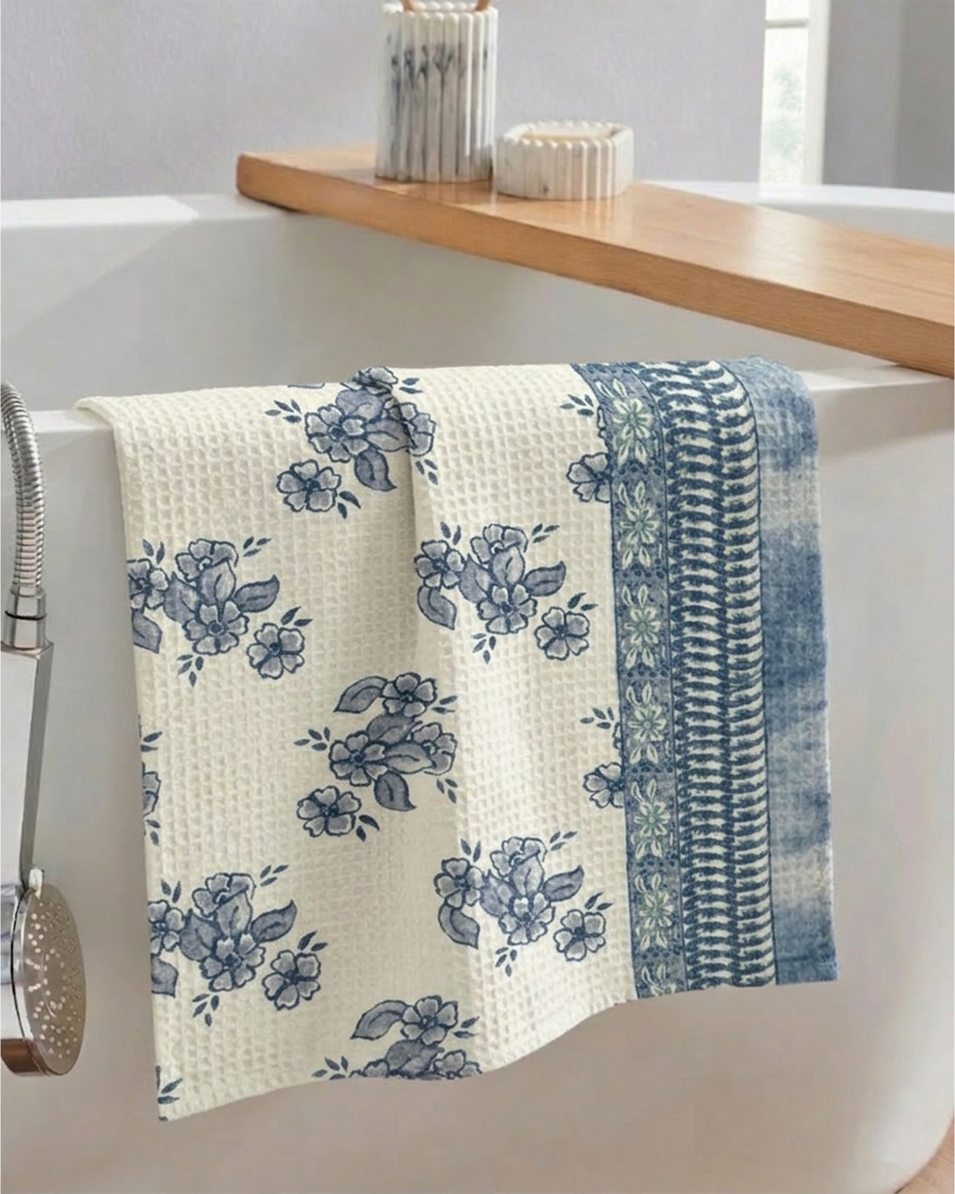 Mimo Flower Blue Cotton Hand Towel - alternate view