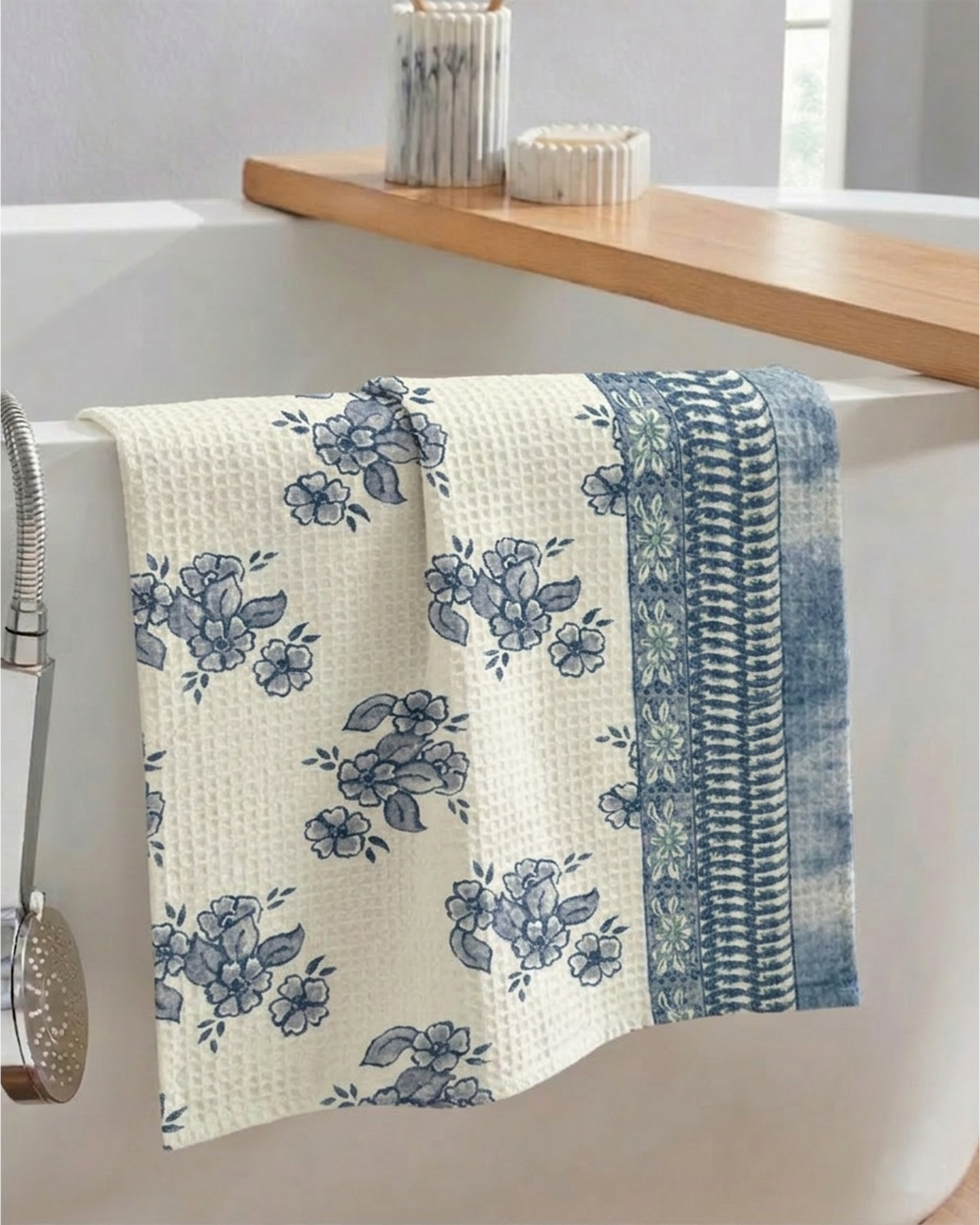 Mimo Flower Blue Cotton Hand Towel - alternate view