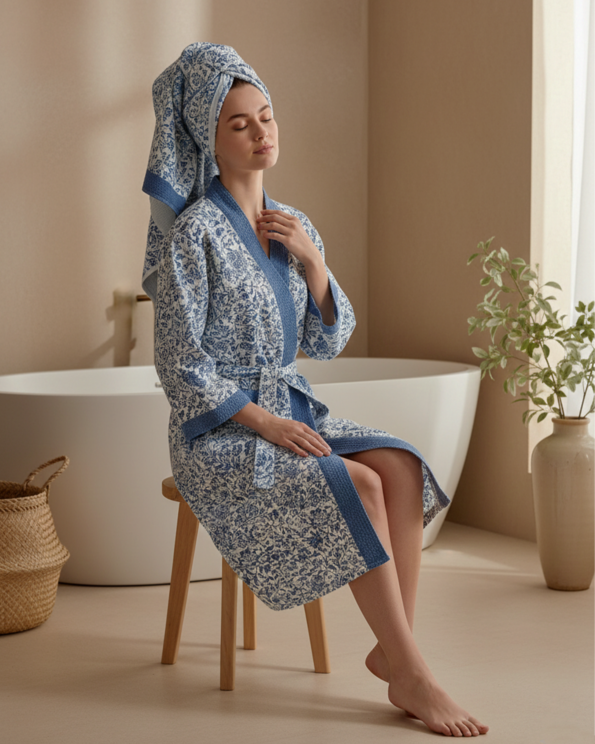 Nyssa Blue Cotton Waffle Bathrobe | Taran Living