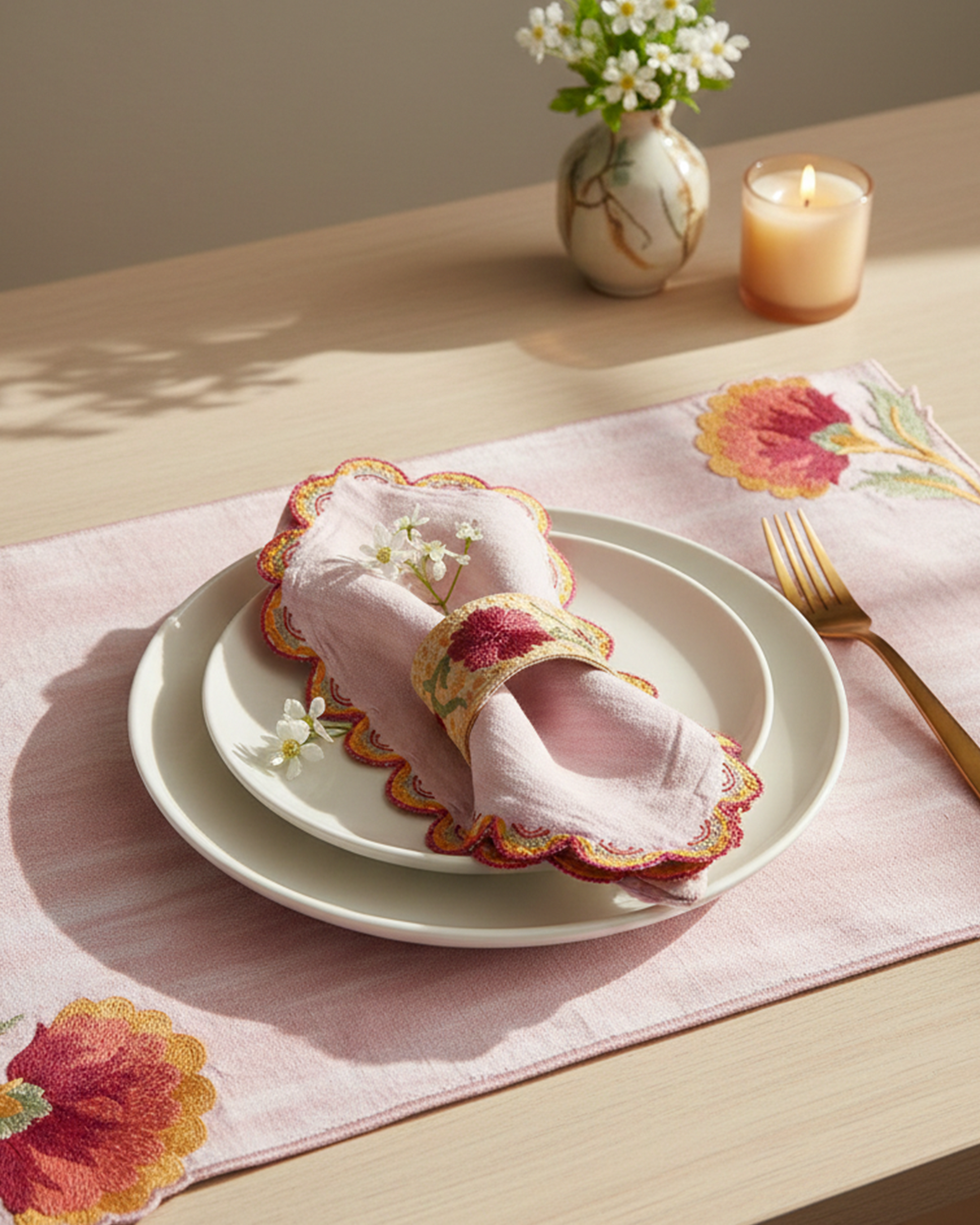Mauve Scallop Embroidered Napkin - lifestyle