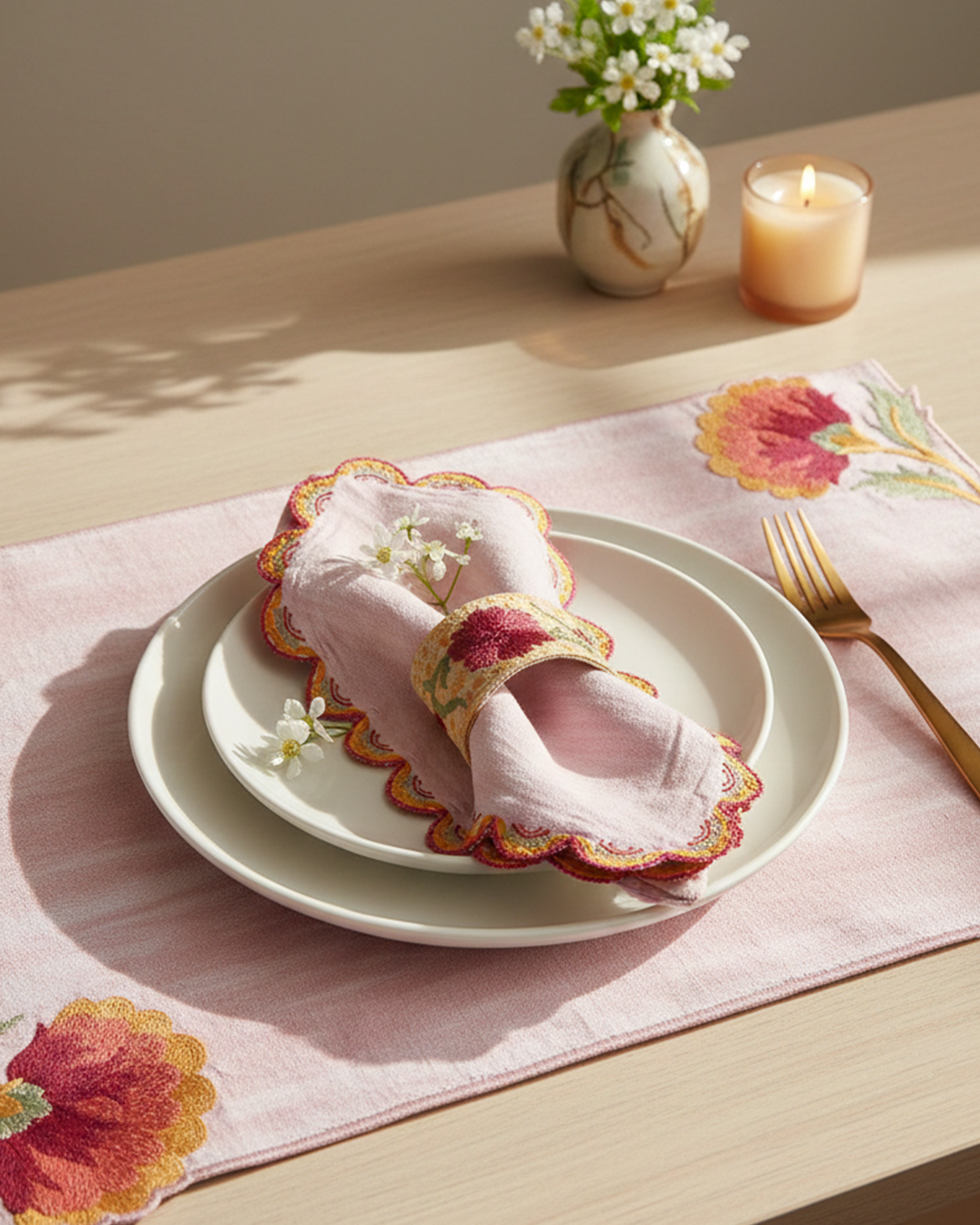Mauve Scallop Embroidered Napkin - lifestyle