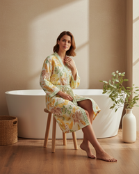 Dancing Floral Yellow Cotton Waffle  Bathrobe