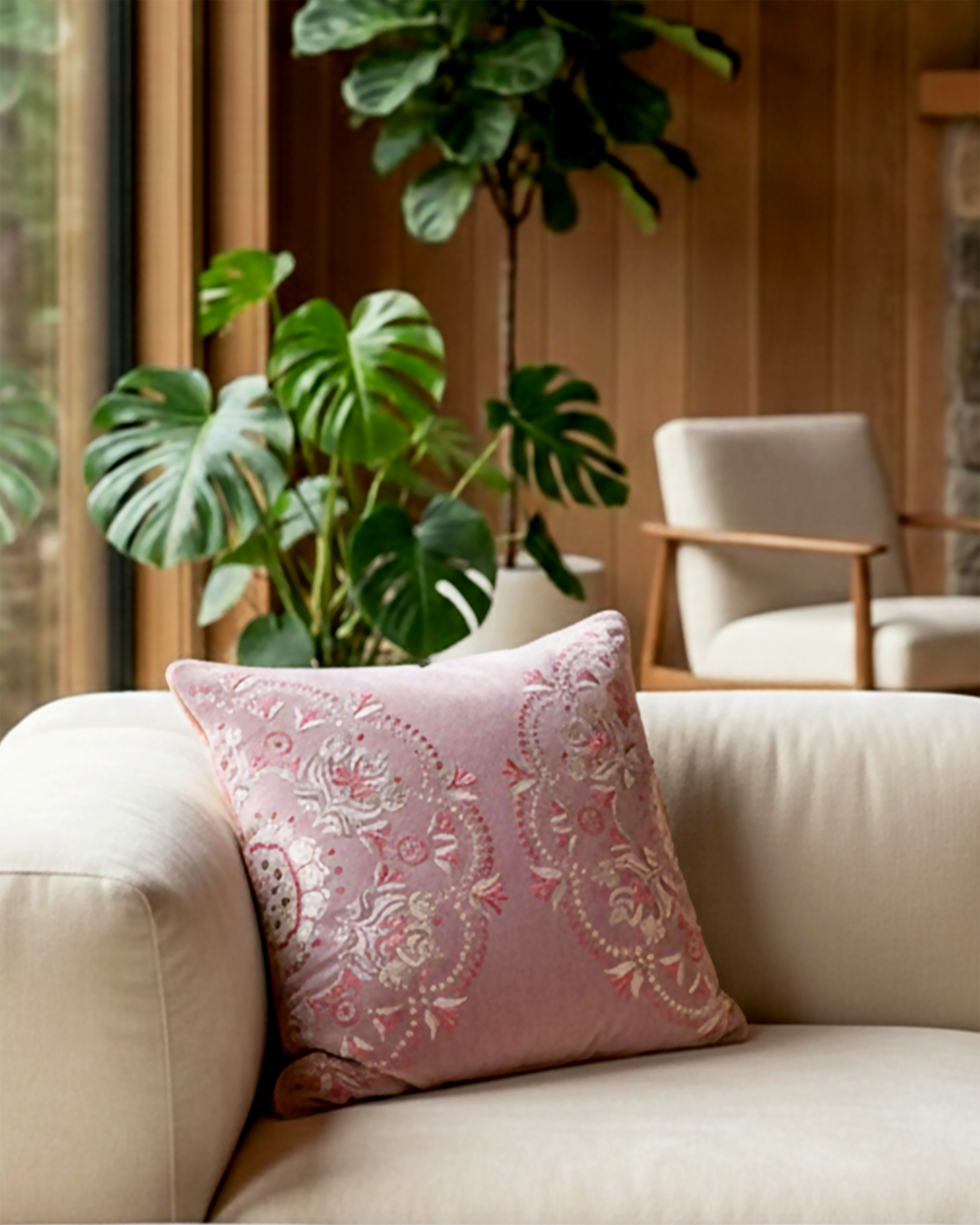 Rahat Mauve Velvet Embroidered Cushion -18"x18"