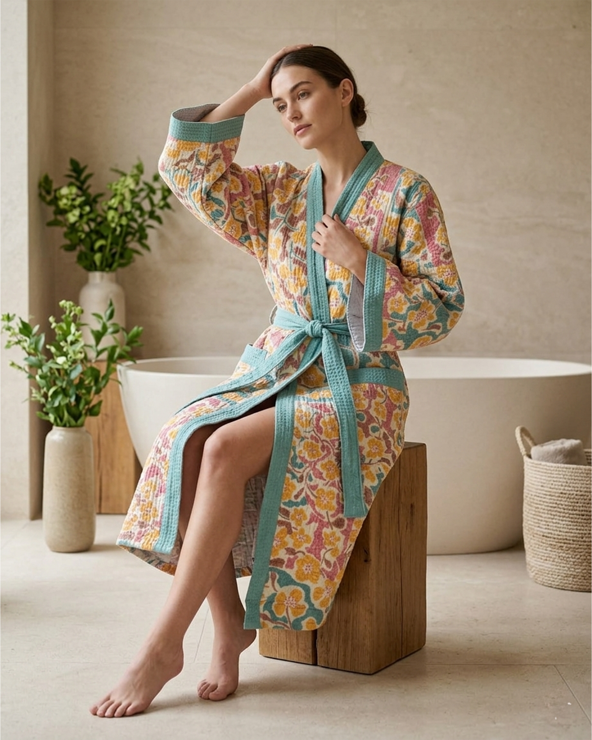 Flower Charm Cotton Waffle Bathrobe | Taran Living