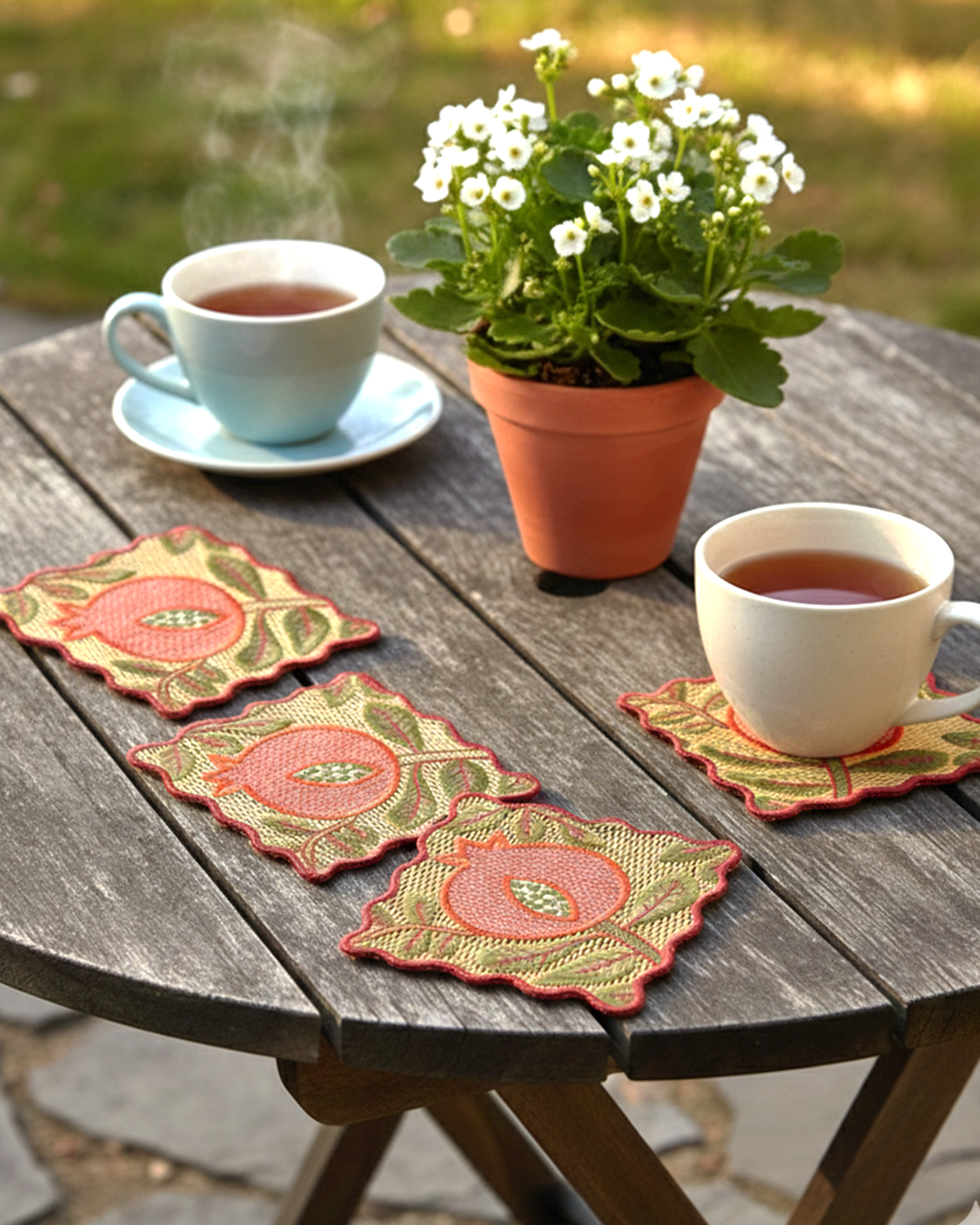 Ayna Yellow Pomegranate Embroidered Tea Coaster-set of 4-4"x4"