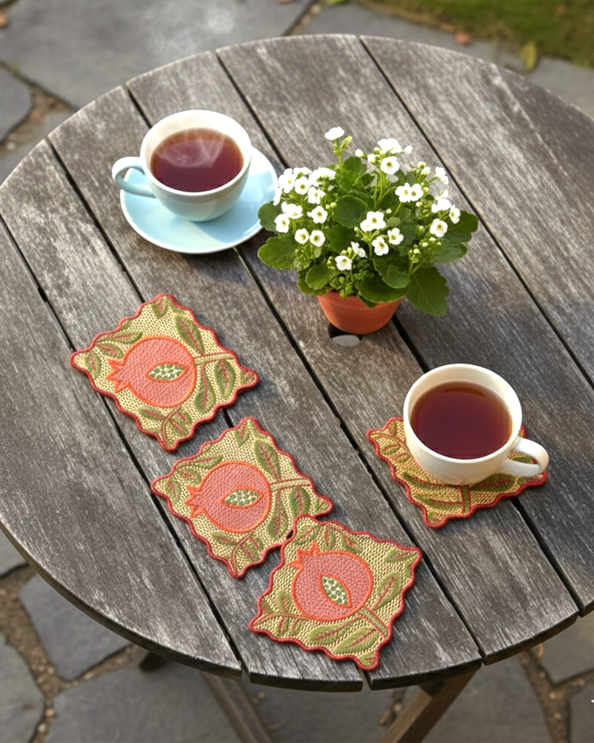 Ayna Yellow Pomegranate Embroidered Tea Coaster-set of 4-4"x4"