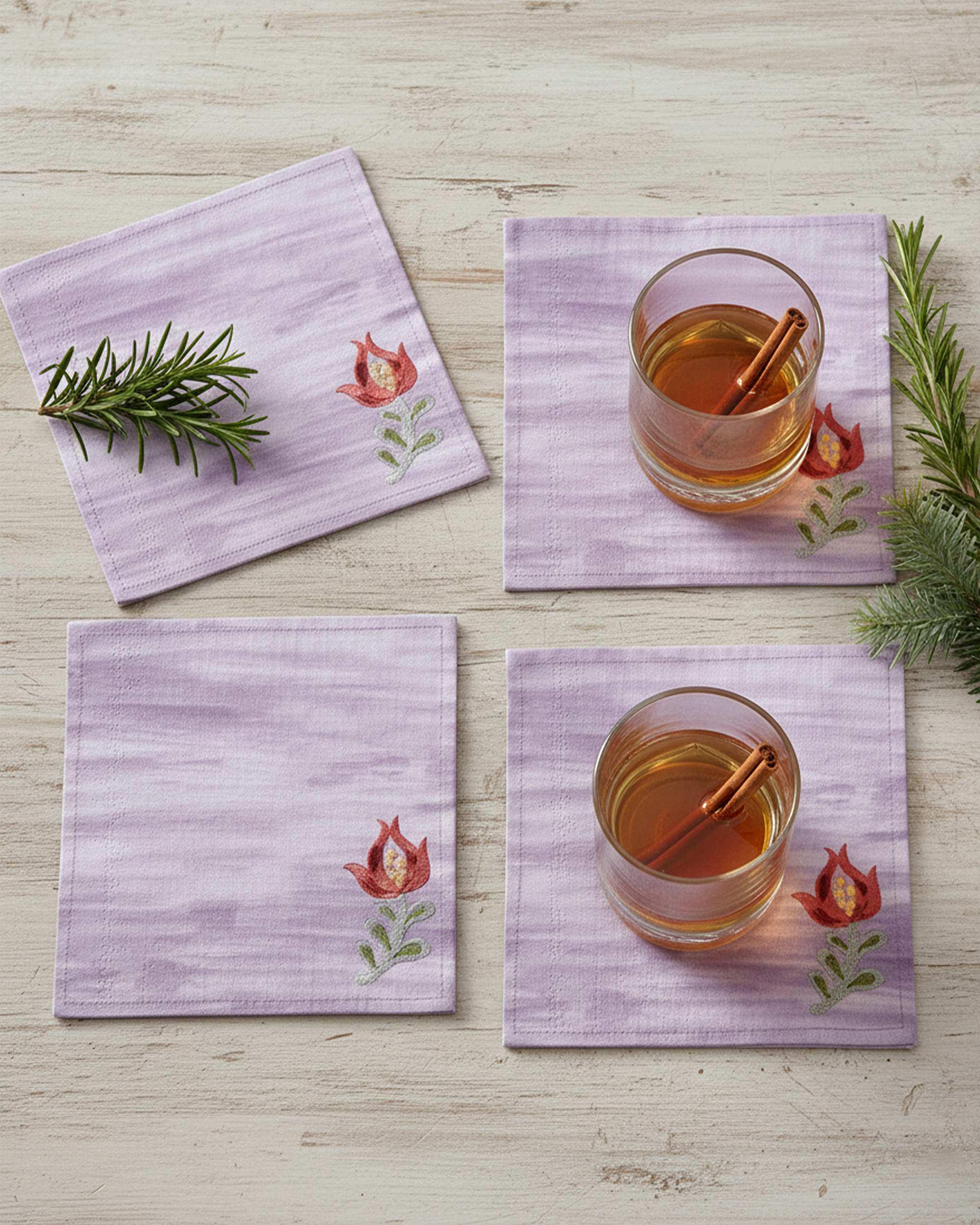 Ayna Purple Flower Buta Embroidered Napkin-set of 4- 8"X8"