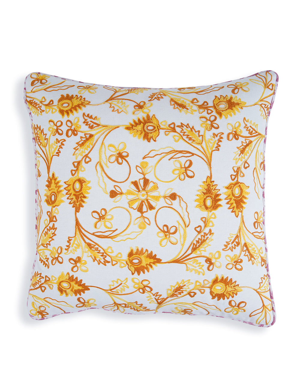 Khwaab yellow embroidered cushion cover 16"x 16" (40cm x 40cm)