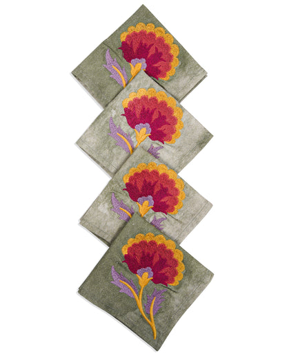 Rahat Green Flower Edge Embroidered Napkin - 8"X8"