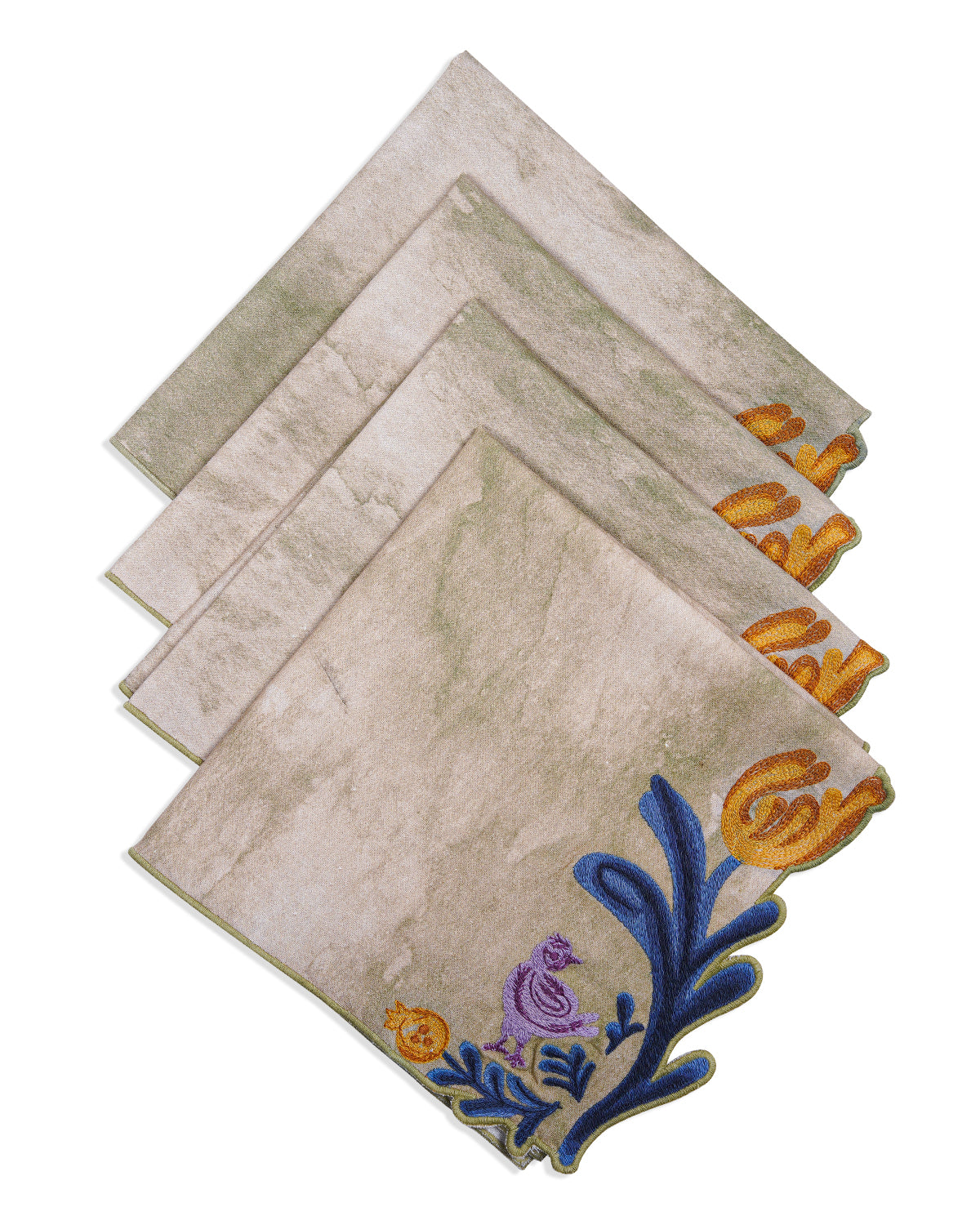 Ayna Green Edge Flower Embroidered Napkin-set of 4-16"X16"
