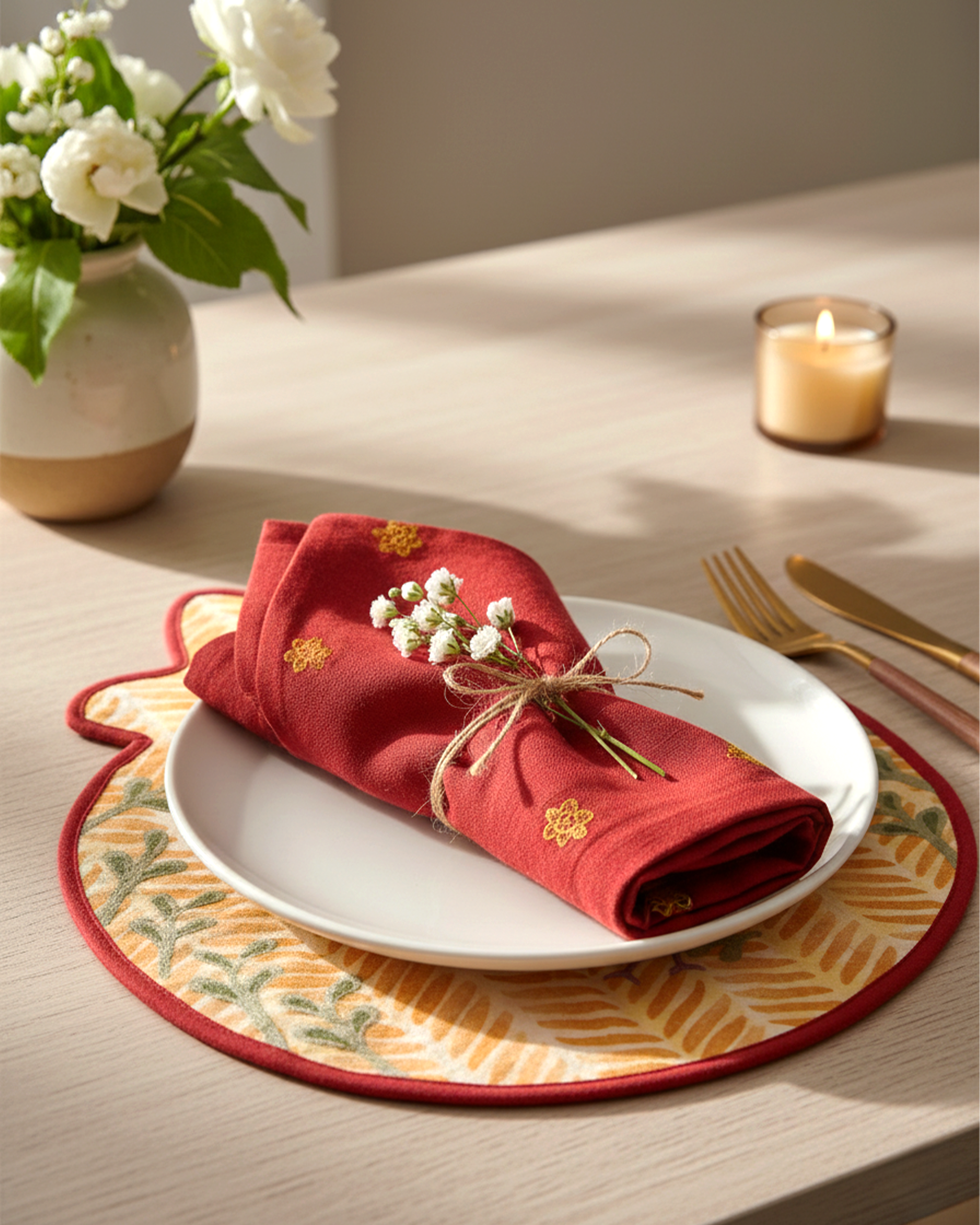 Ayna Red Flower Buta Embroidered Napkin-set of 4 -16"X16"