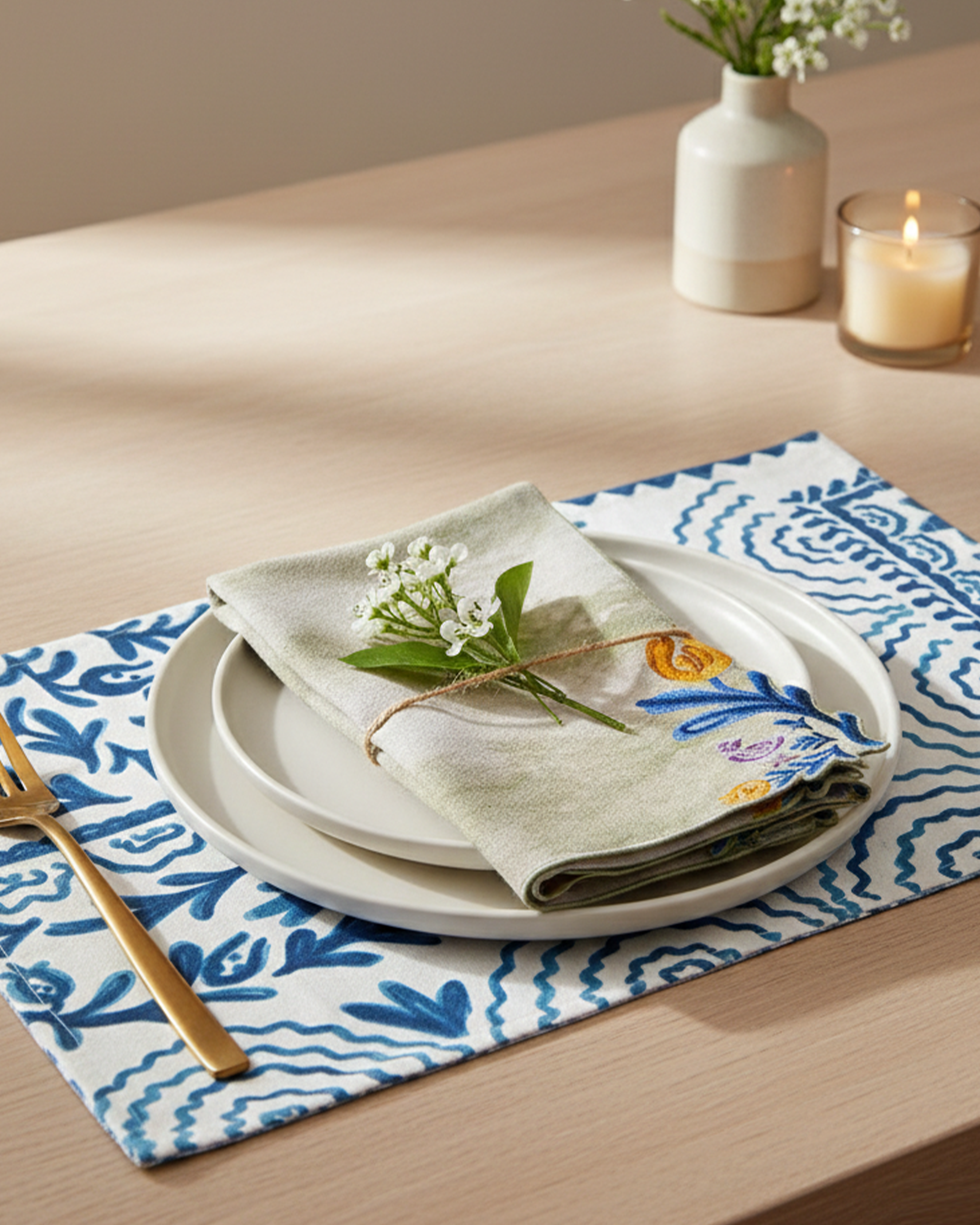 Ayna Green Edge Flower Embroidered Napkin-set of 4-16"X16"