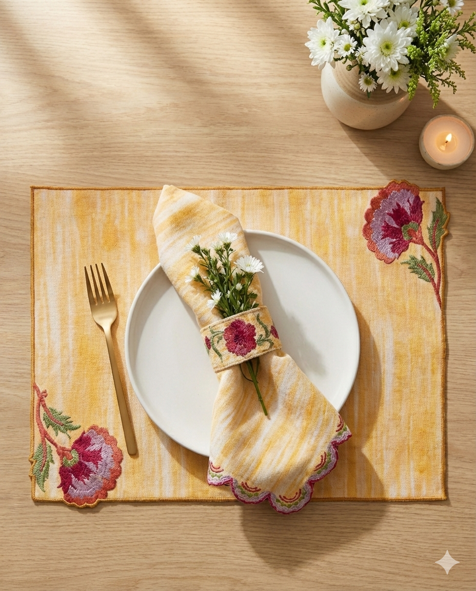 Rahat Yellow Embroidered Napkin Ring Set of 4 | Taran Living