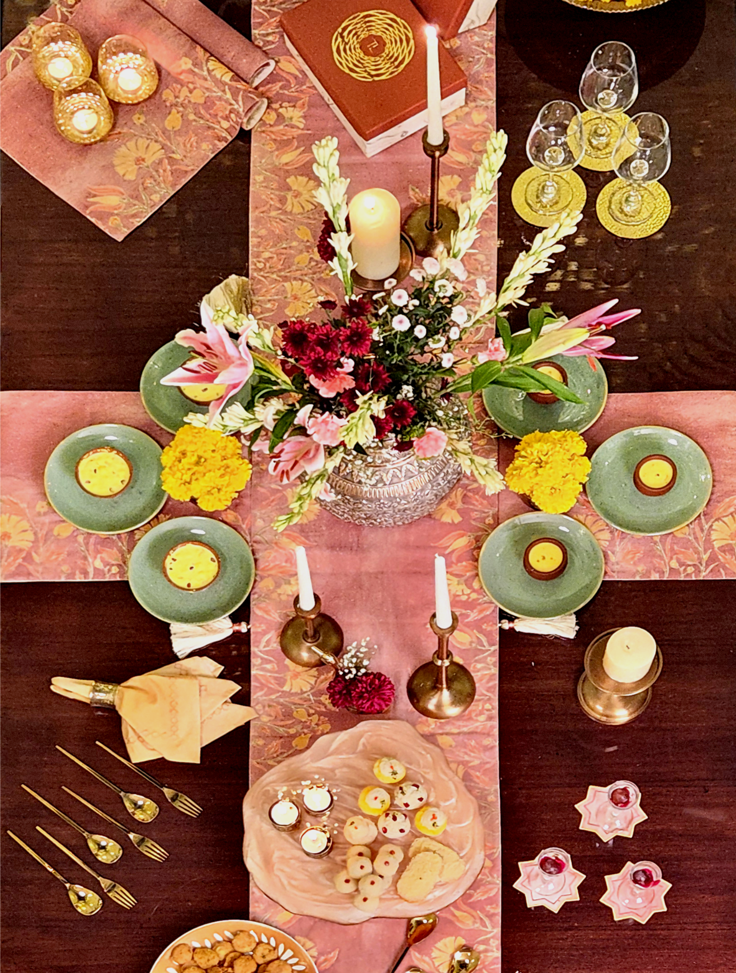 Miyana Dusty Rose Shimmery Printed Table Runner - 14"X72"