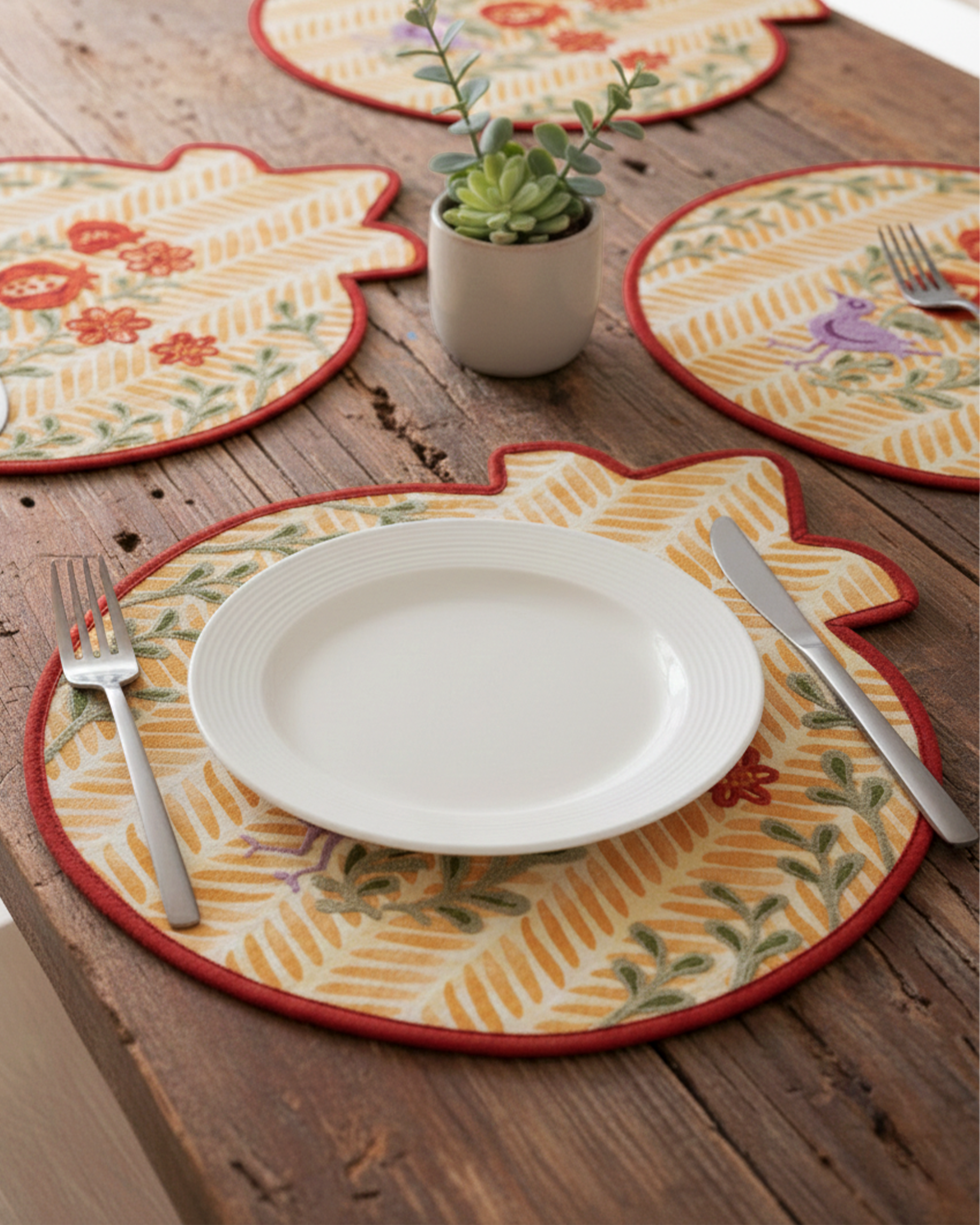 Ayna Yellow Embroidered Placemat-set of 4- 15" diameter