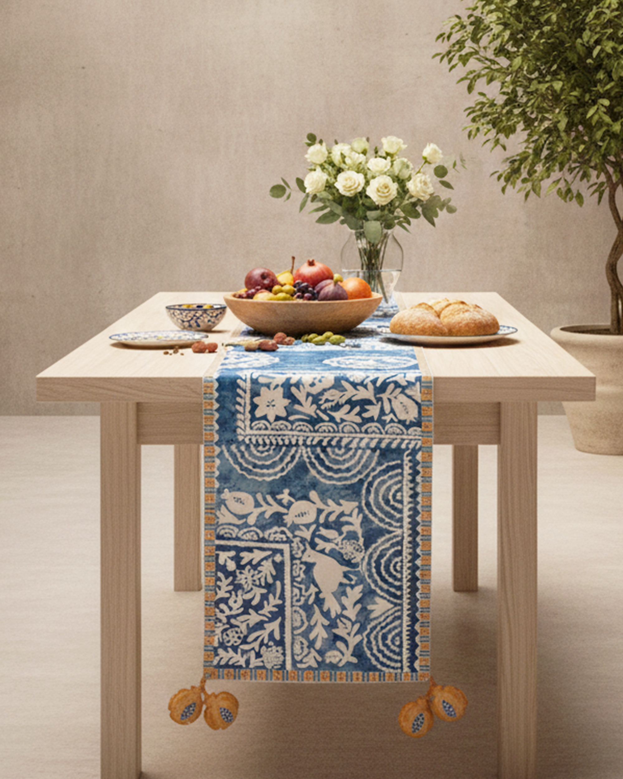Ayna Blue Printed Table Runner - 14"X72"
